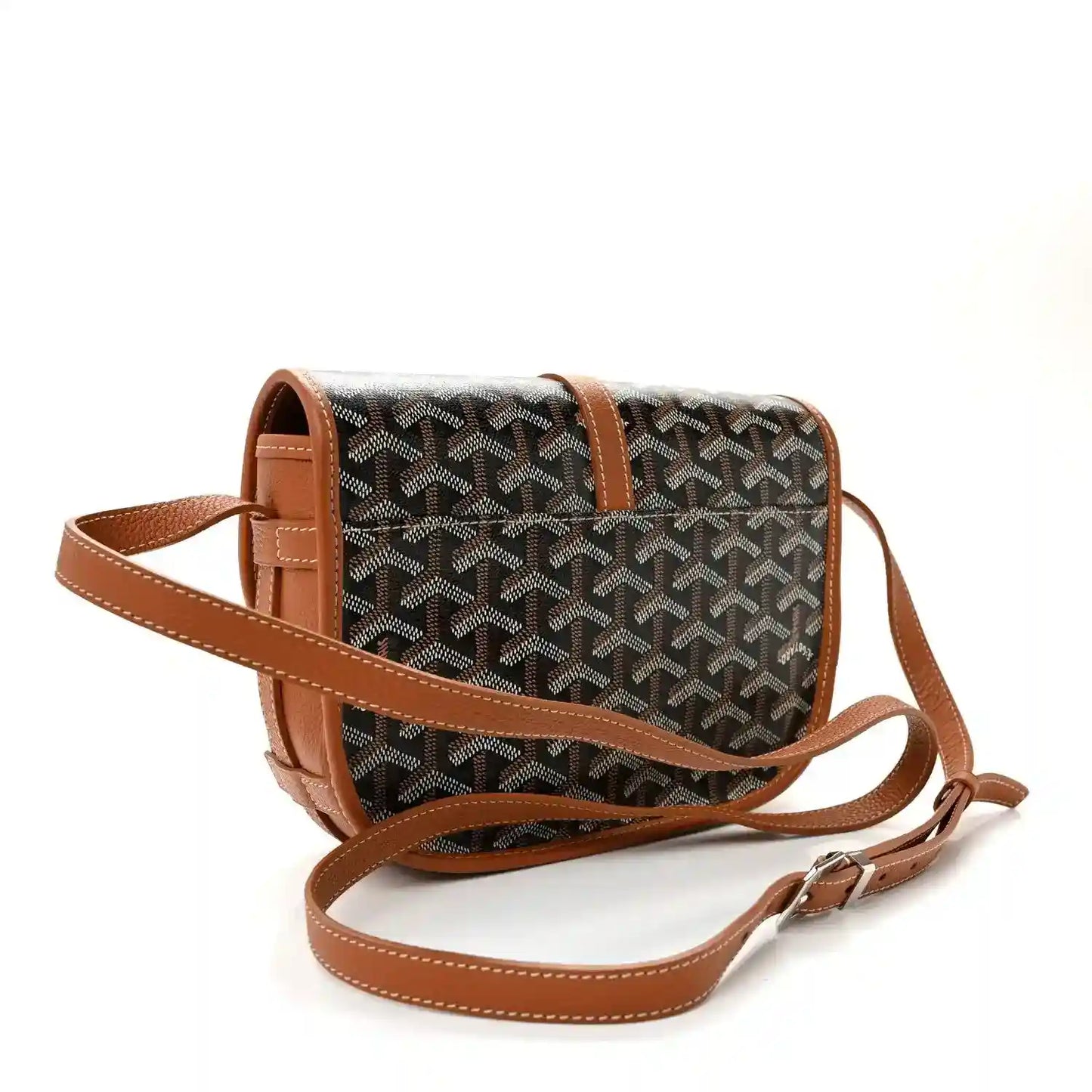 Belvedere II PM messenger bag, crossbody strap and flap in Goyardine pattern with brown trim