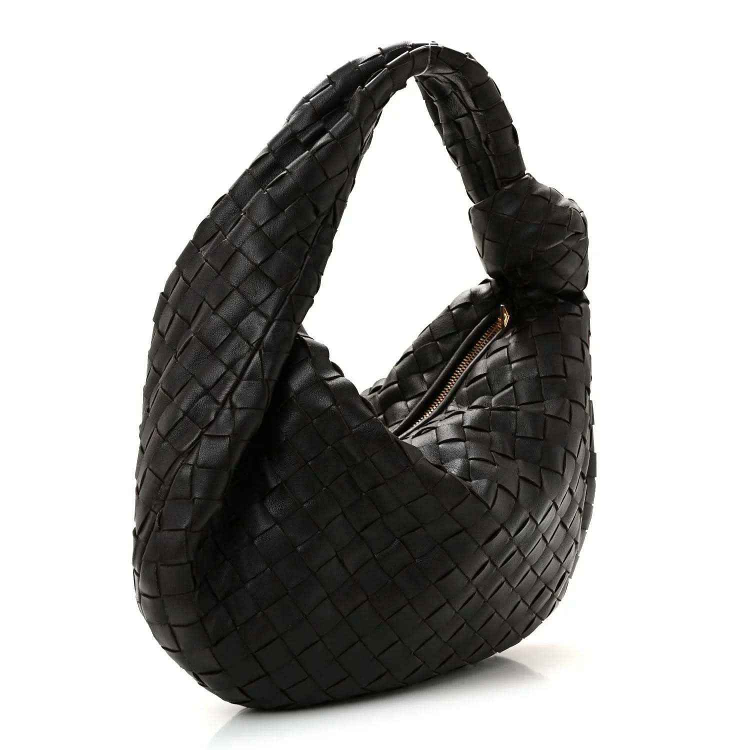 Teen Jodie hobo bag in woven nappa leather, black, side view with zipper