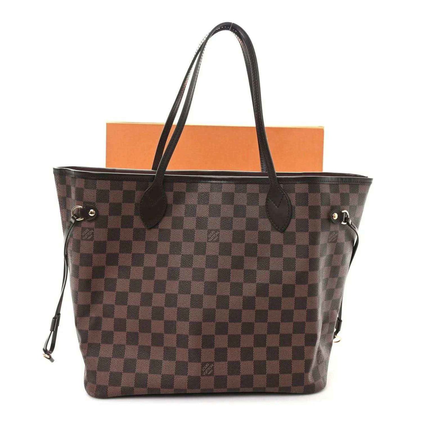 Damier Ebene Neverfull tote with dark checkered canvas, leather handles, side buckles