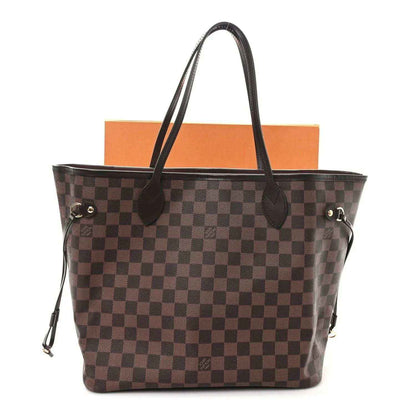 Damier Ebene Neverfull tote with dark checkered canvas, leather handles, side buckles