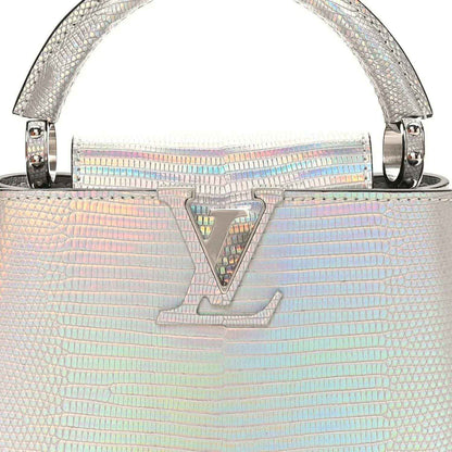 Iridescent lizard mini handbag with top handle and triangular LV emblem