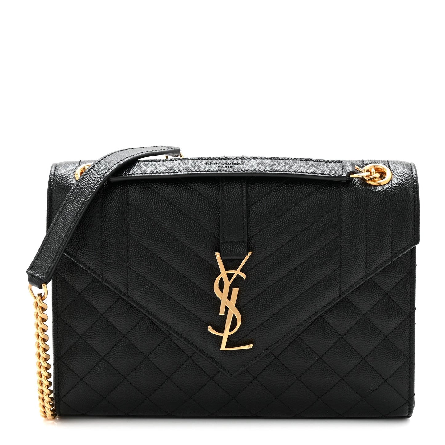 Black quilted satchel bag with gold YSL logo and shoulder chain strap