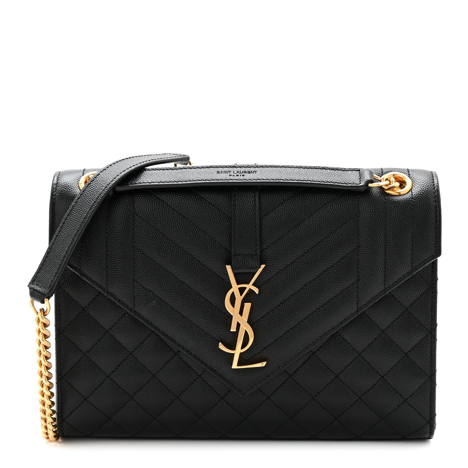 Black quilted satchel bag with gold YSL logo and shoulder chain strap
