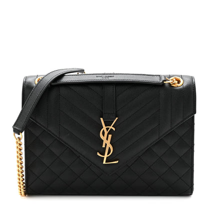 Black quilted satchel bag with gold YSL logo and shoulder chain strap