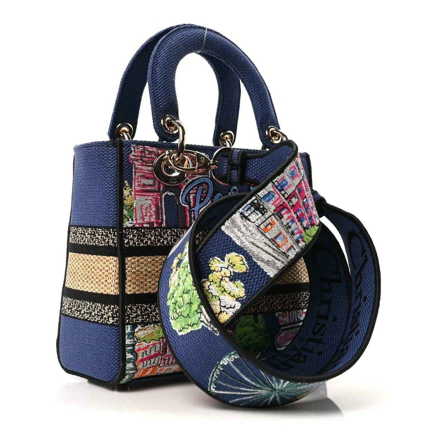 Blue small handbag with multicolor patchwork embroidery and a round matching wristlet