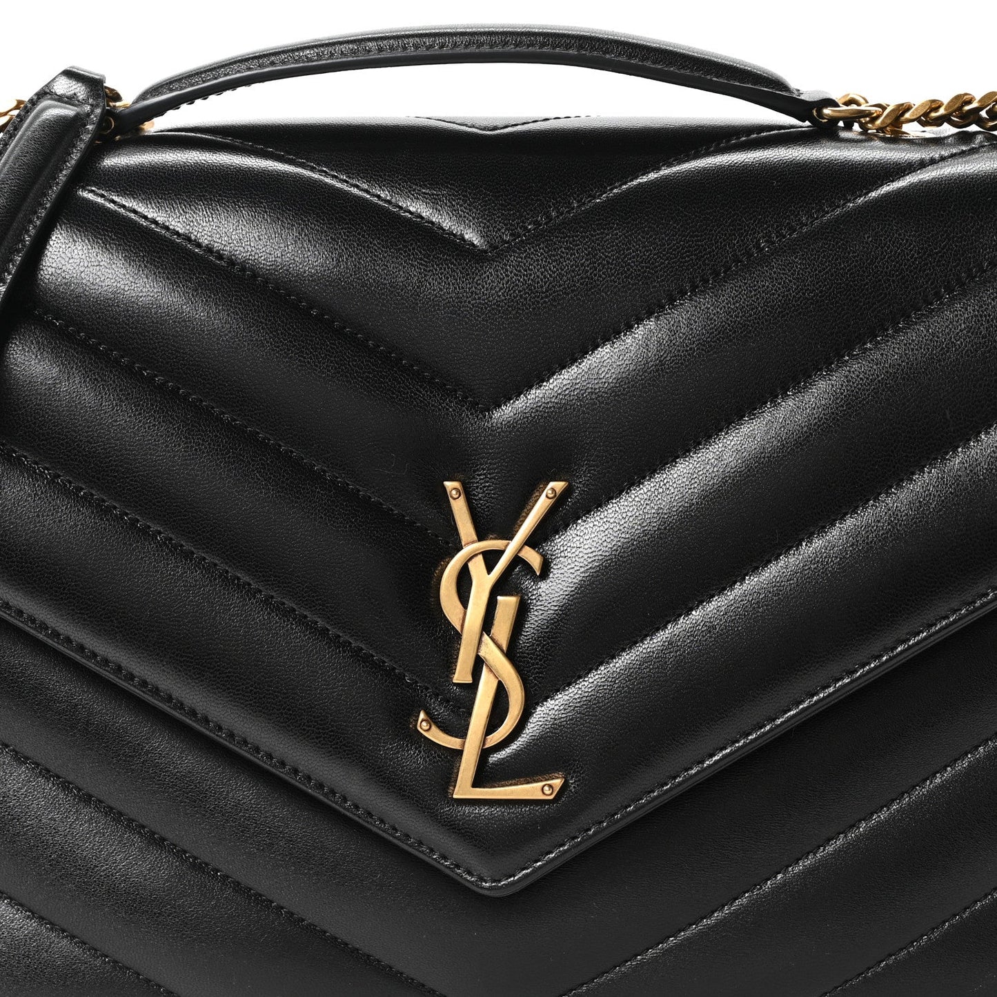 Black chevron-quilted flap front with gold YSL logo