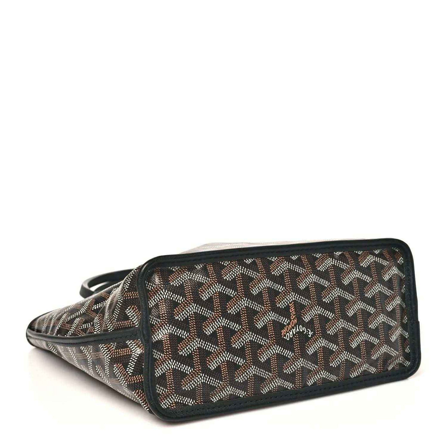 Goyard monogram reversible mini tote bag side view with black edge trim.