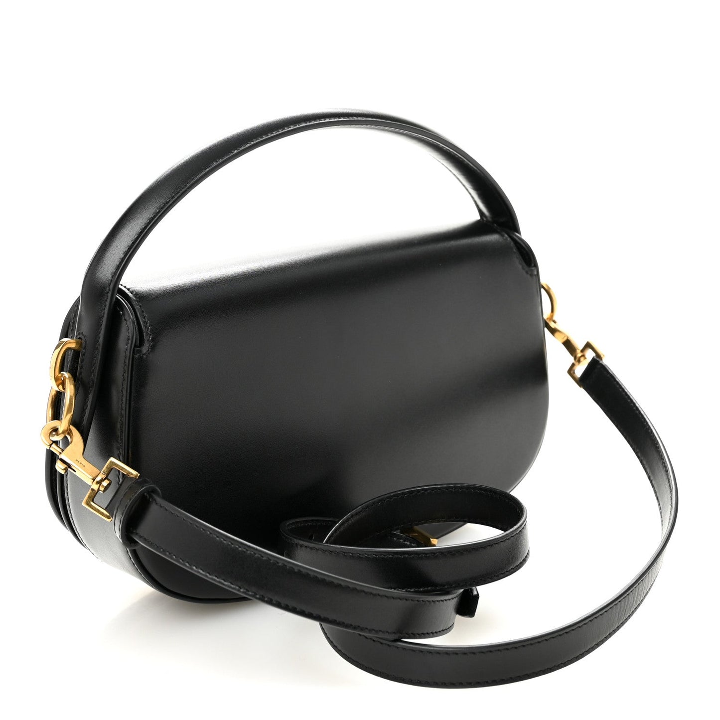 Black crossbody bag with top handle and long strap, gold hardware and YSL logo charm.