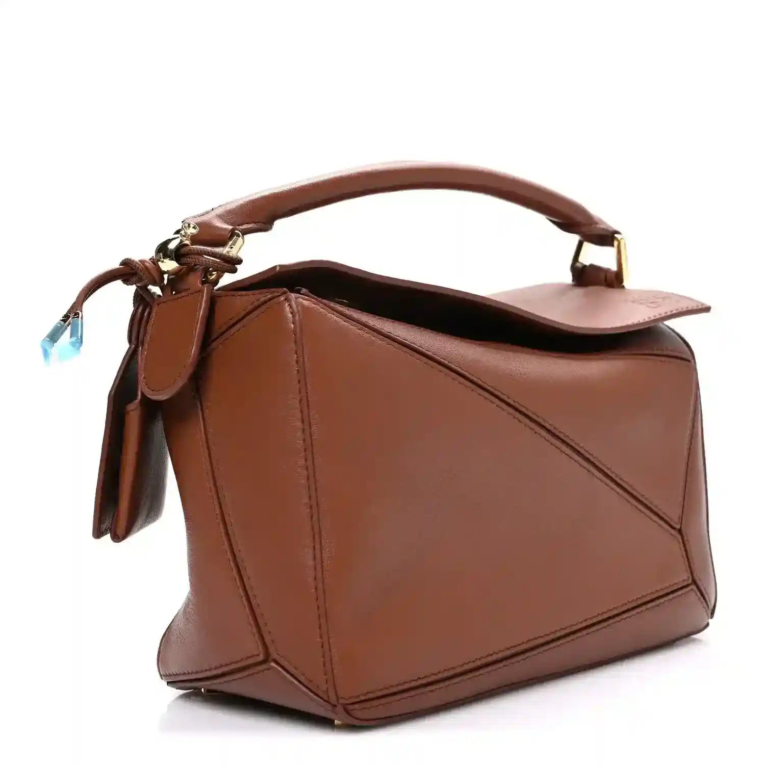 Small Puzzle bag in pecan brown leather with geometric panel seams and top handle