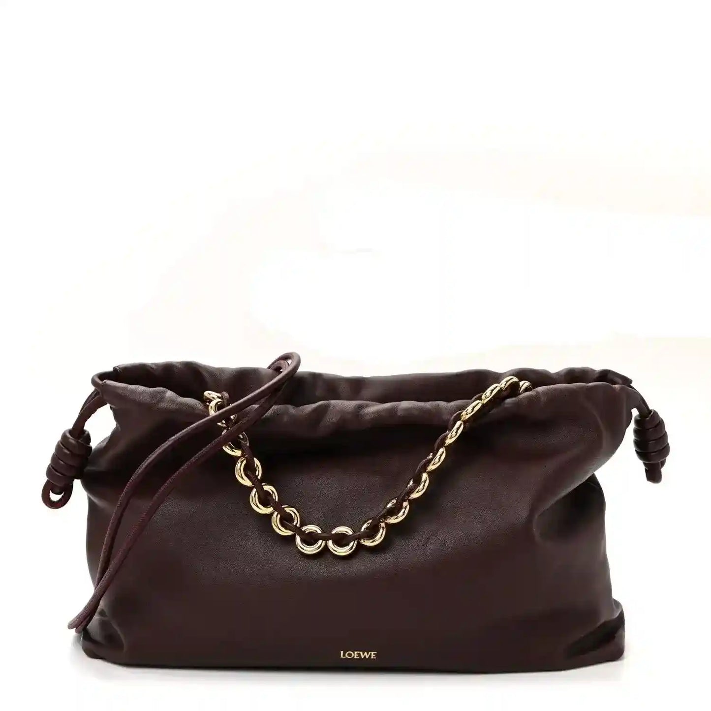 Dark burgundy leather clutch with drawstring knot pulls and gold chain