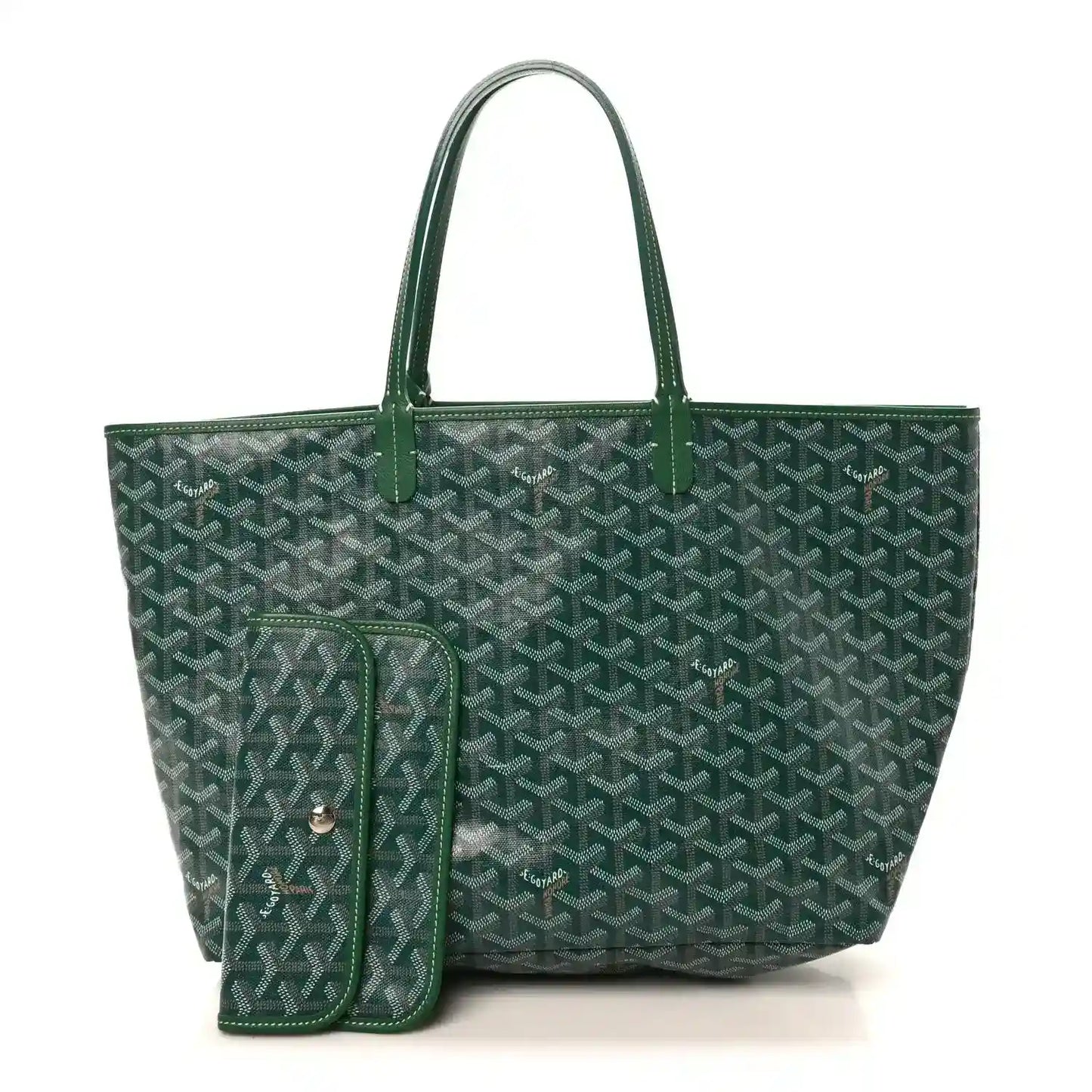 Green canvas tote bag with front zipper pocket and top handles