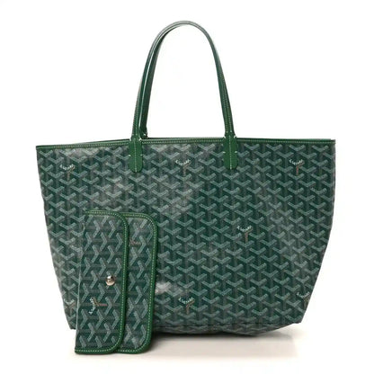 Green canvas tote bag with front zipper pocket and top handles