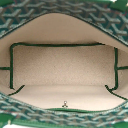 Goyard Artois PM tote bag interior view with green trim and snap closure