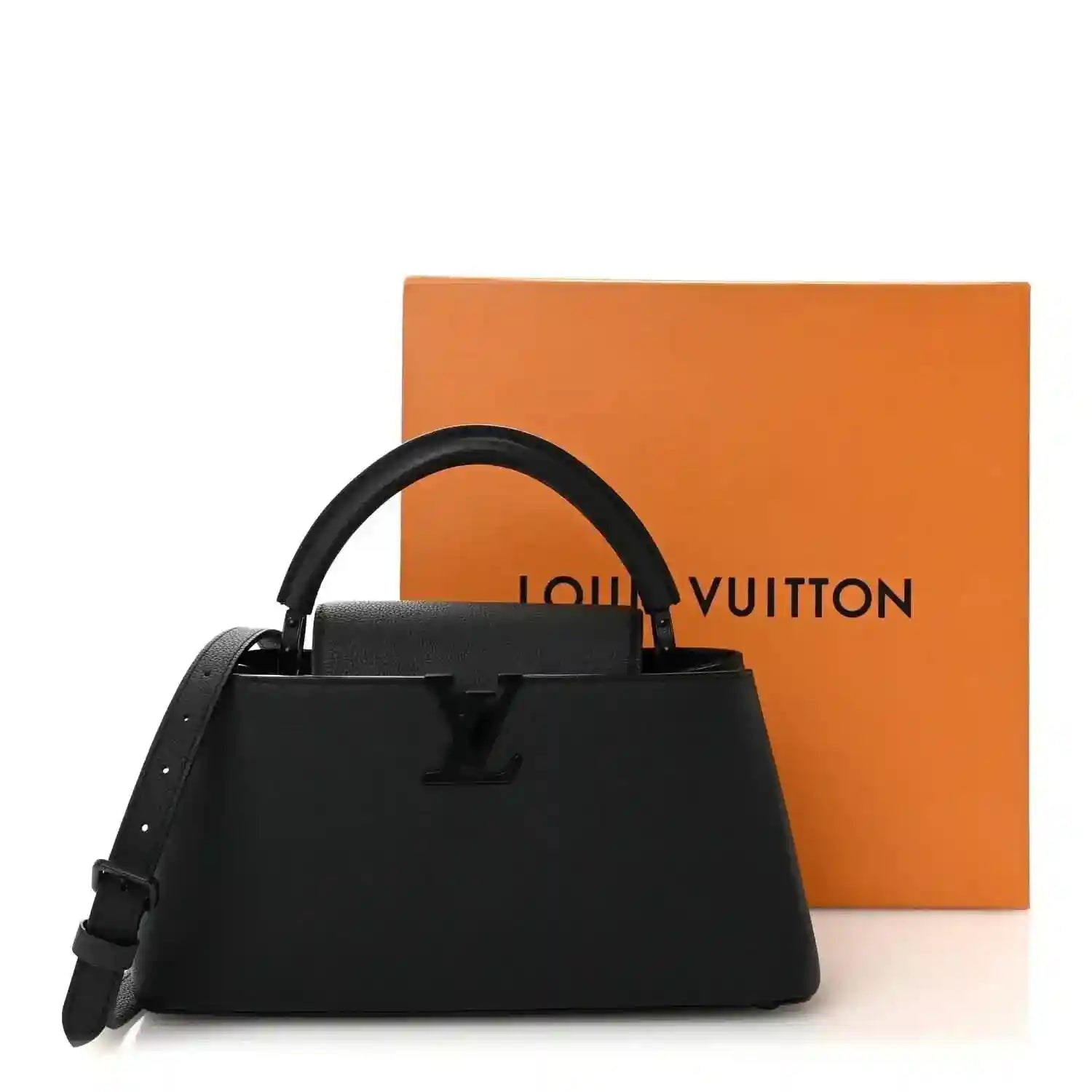Matte black leather handbag with top handles and LV monogram on front
