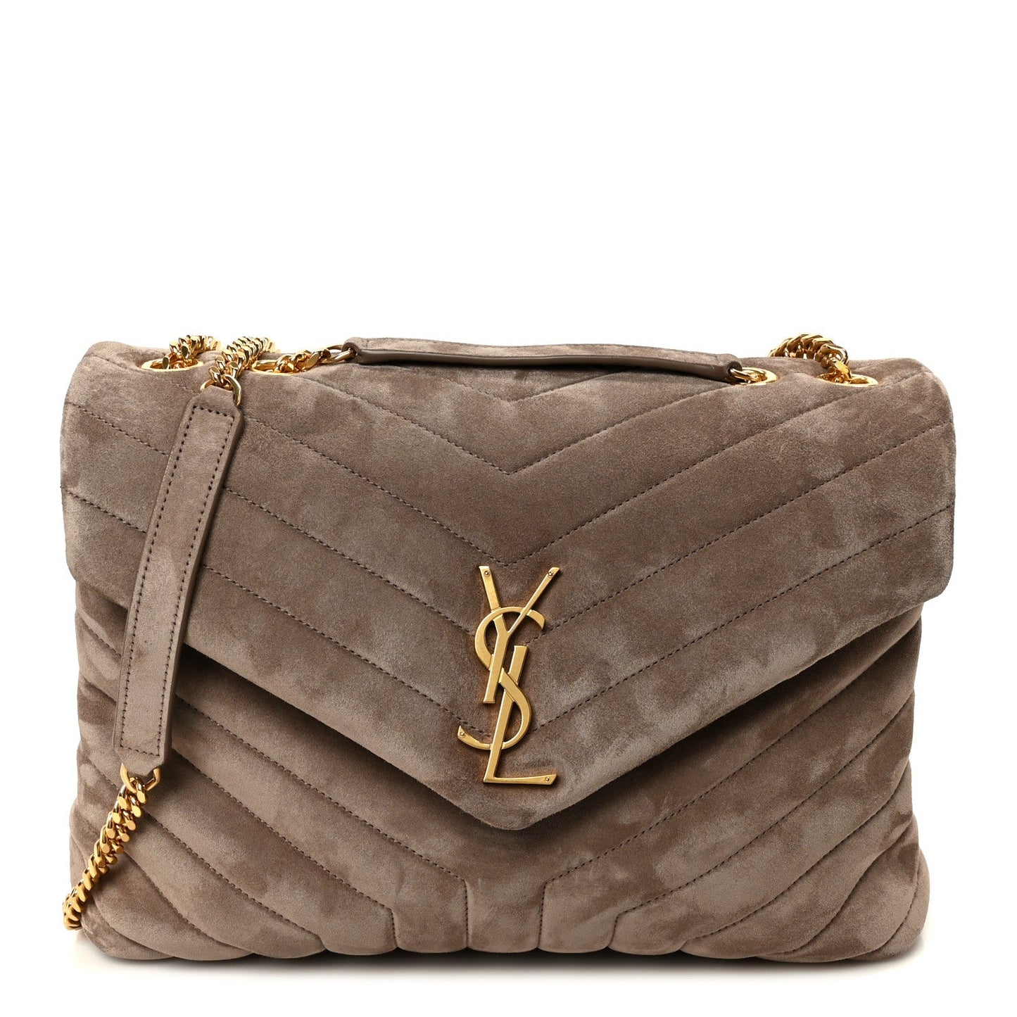 Taupe suede quilted medium satchel with YSL monogram and gold chain strap