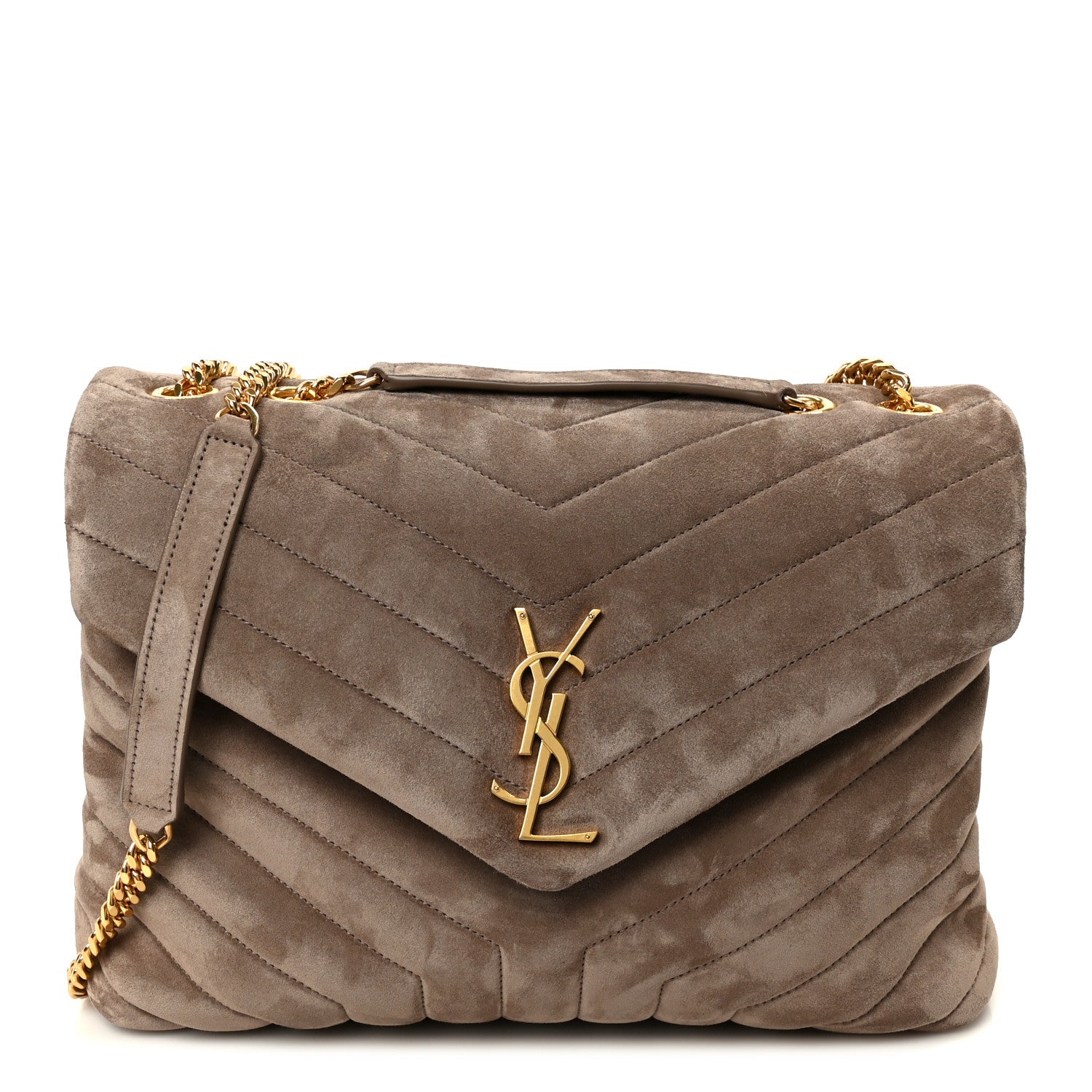 Taupe suede quilted medium satchel with YSL monogram and gold chain strap