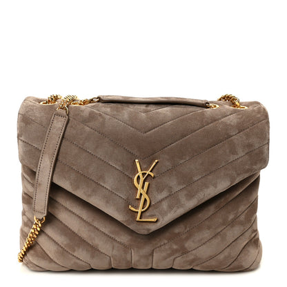 Taupe suede quilted medium satchel with YSL monogram and gold chain strap