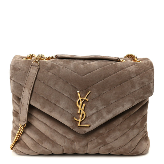 Taupe suede quilted medium satchel with YSL monogram and gold chain strap