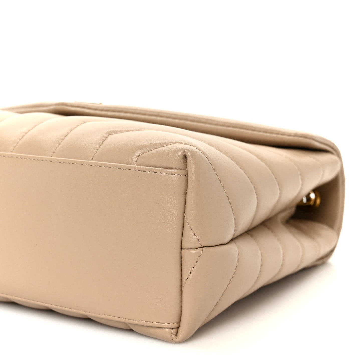 Quilted calfskin small chain satchel, beige, side view with stitched panels