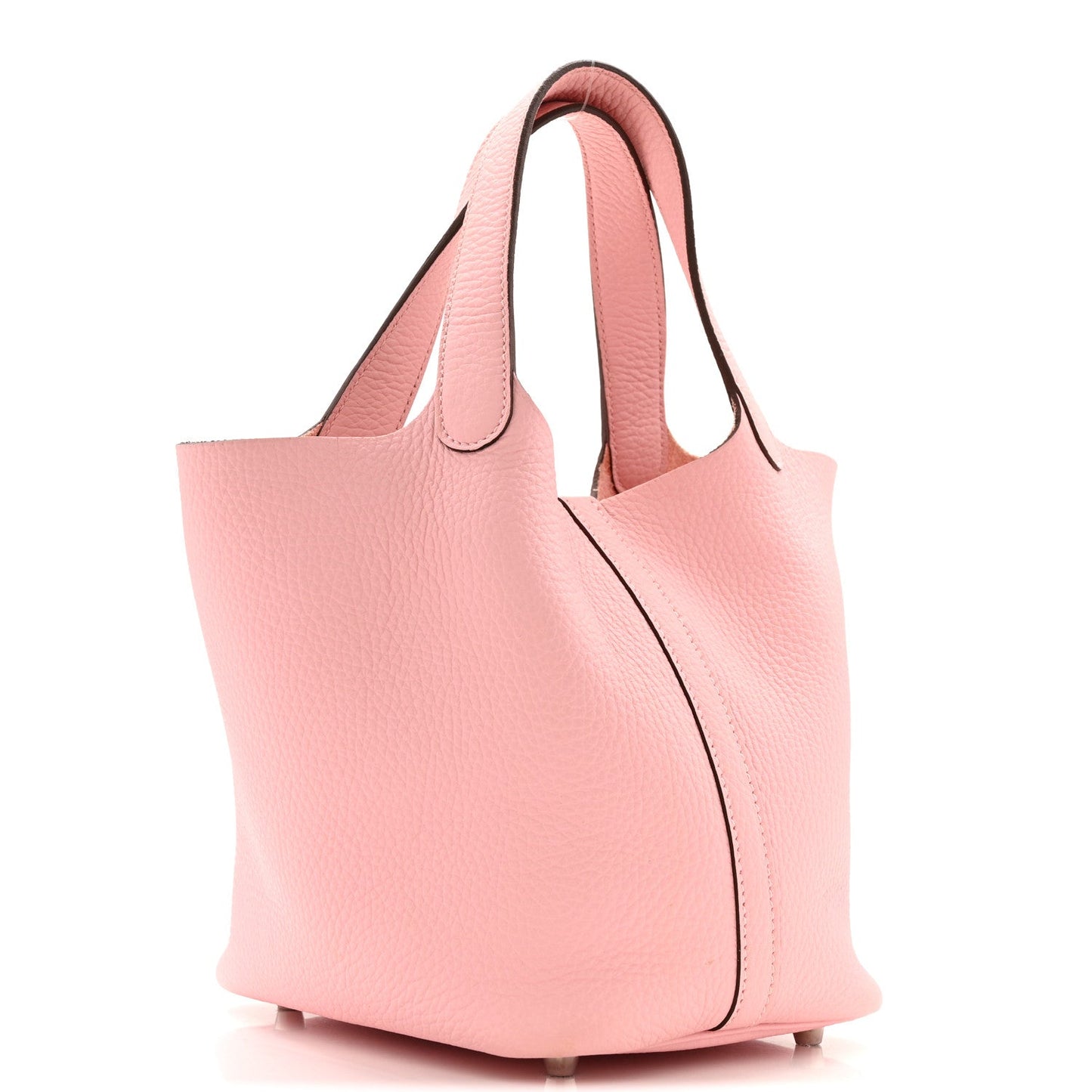 Rose pink leather handbag with top handles and structured tote shape