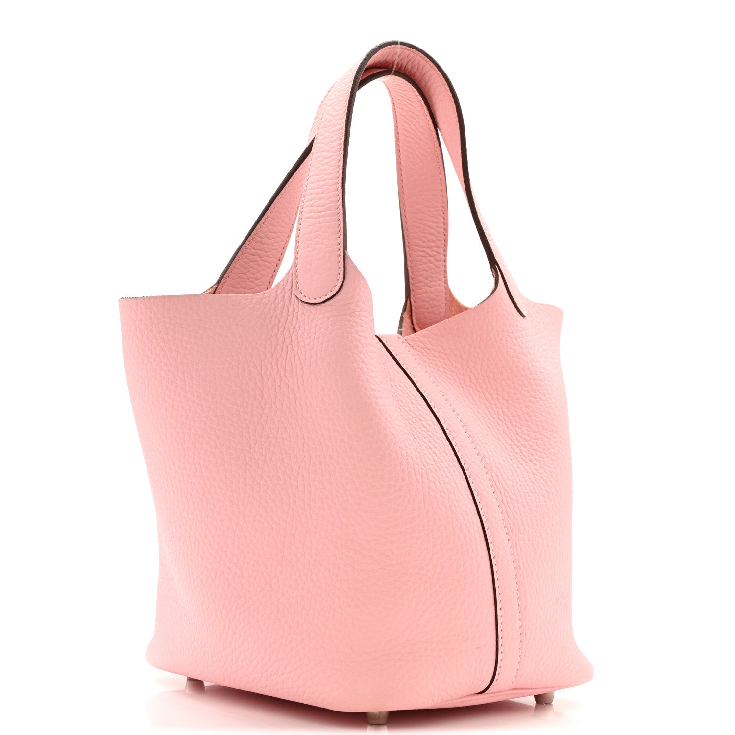 Rose pink leather handbag with top handles and structured tote shape