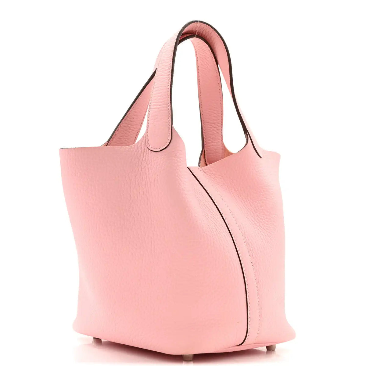Rose pink leather handbag with top handles and structured tote shape
