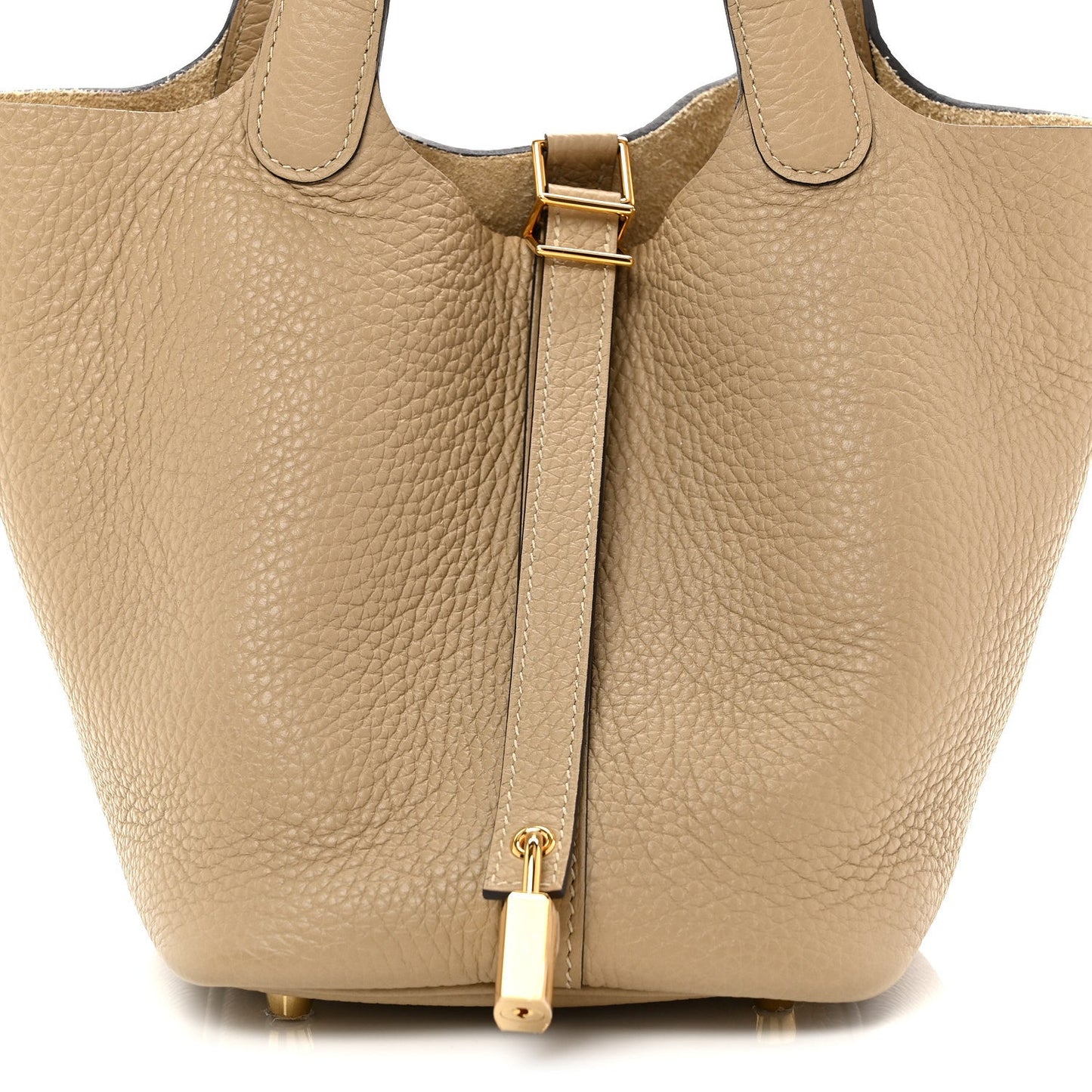 Beige grained calfskin bucket handbag front view with gold lock clasp and zipper pull.