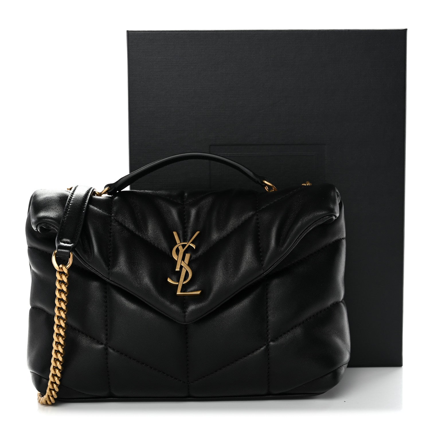 Black quilted lambskin puffer satchel with gold chain strap and YSL monogram on flap