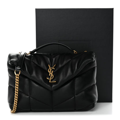 Black quilted lambskin puffer satchel with gold chain strap and YSL monogram on flap