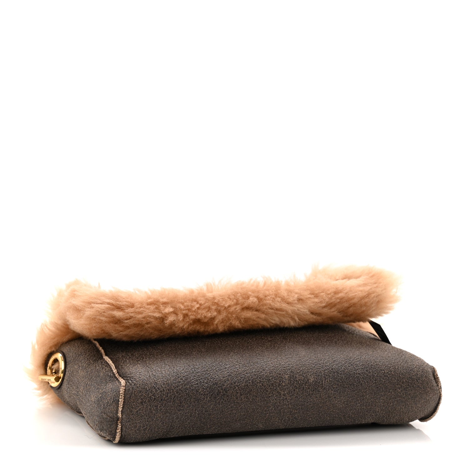 Reversible shearling satchel, dark brown leather base with ecru fur trim
