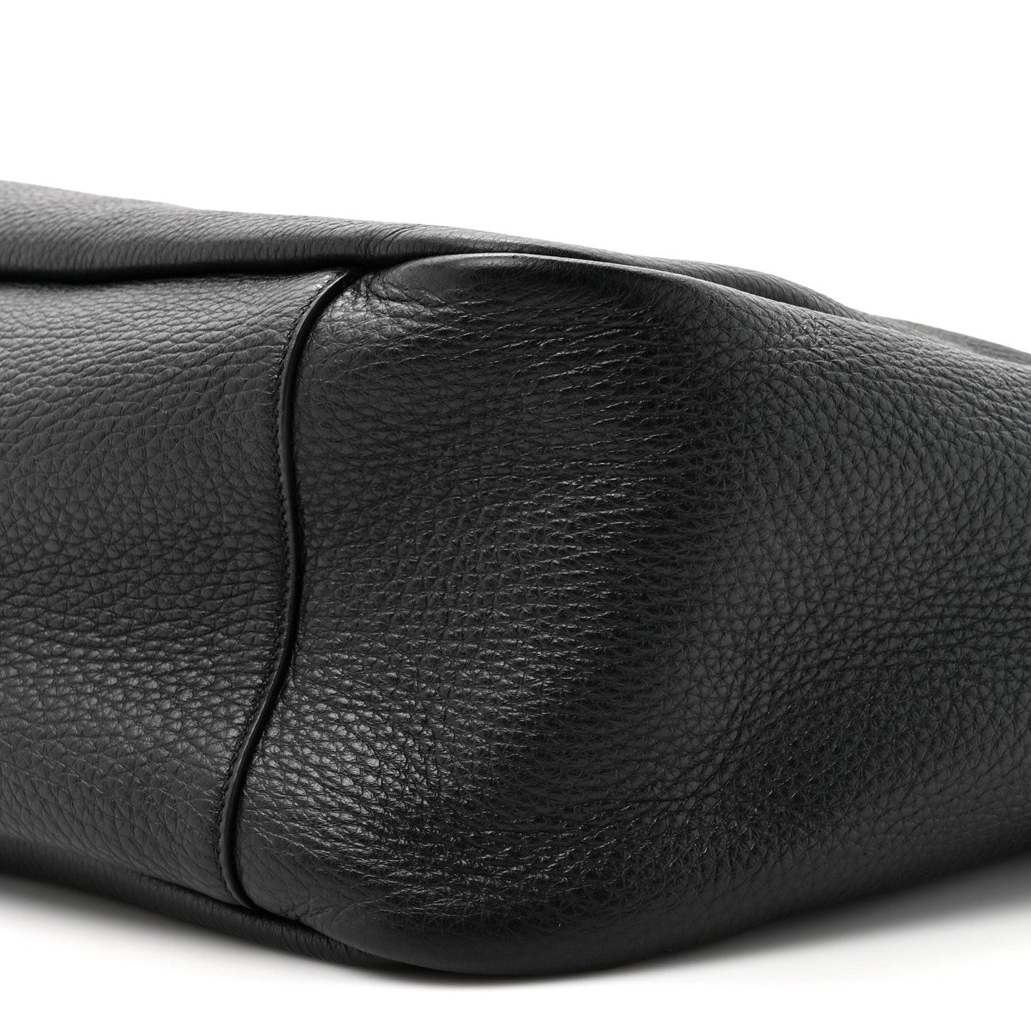 Black grained deerskin Bea tote close-up of rounded side seam