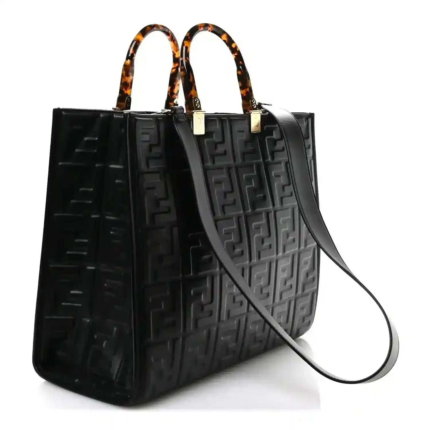 Black leather tote bag with embossed FF pattern, top handles, detachable shoulder strap
