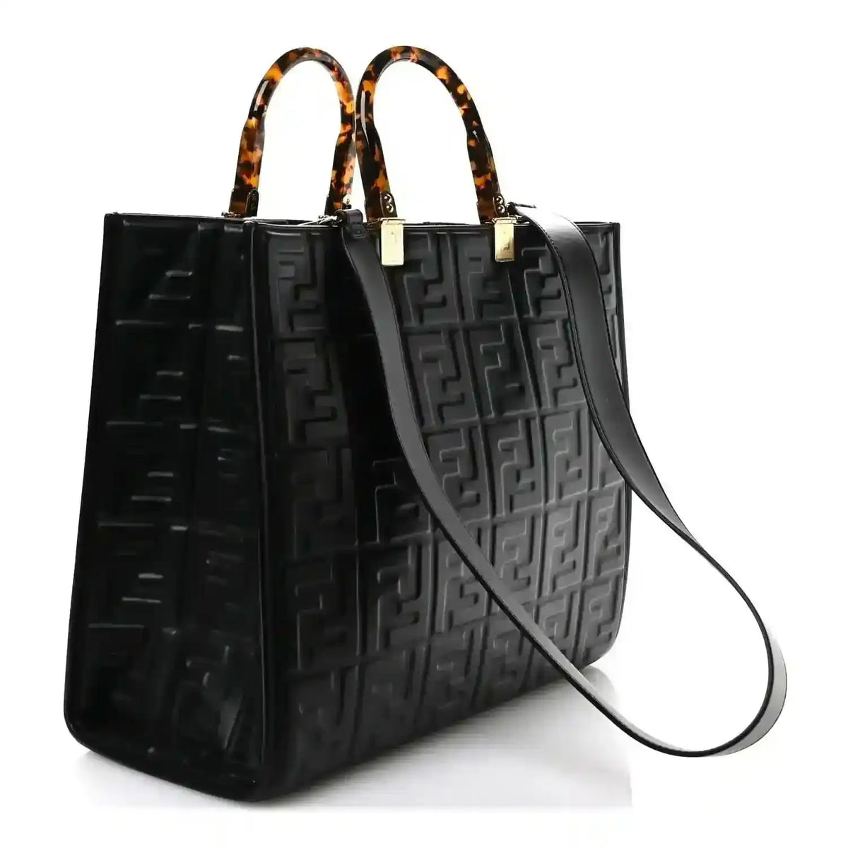 Black leather tote bag with embossed FF pattern, top handles, detachable shoulder strap