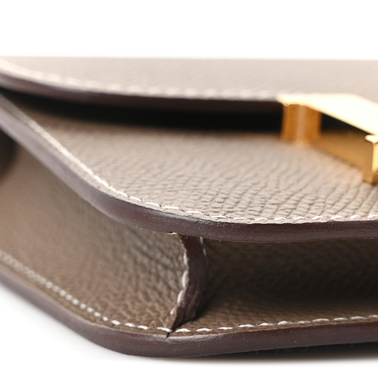 Hermes Constance slim wallet corner, etoupe leather edge stitching