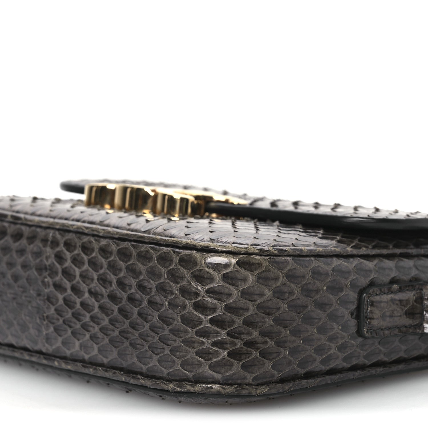 Grey watersnake shoulder bag, gold-tone clasp and textured flap edge