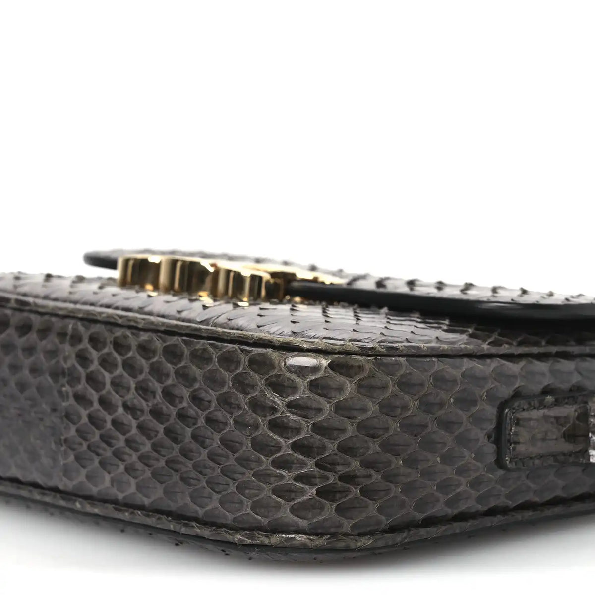 Grey watersnake shoulder bag, gold-tone clasp and textured flap edge