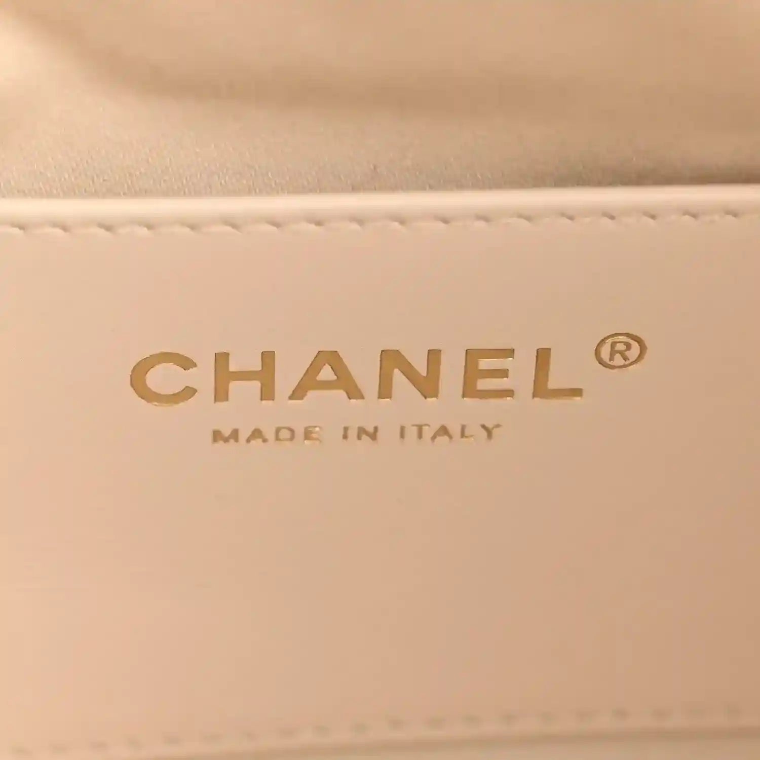 CHANEL logo with "MADE IN ITALY" on light leather lining