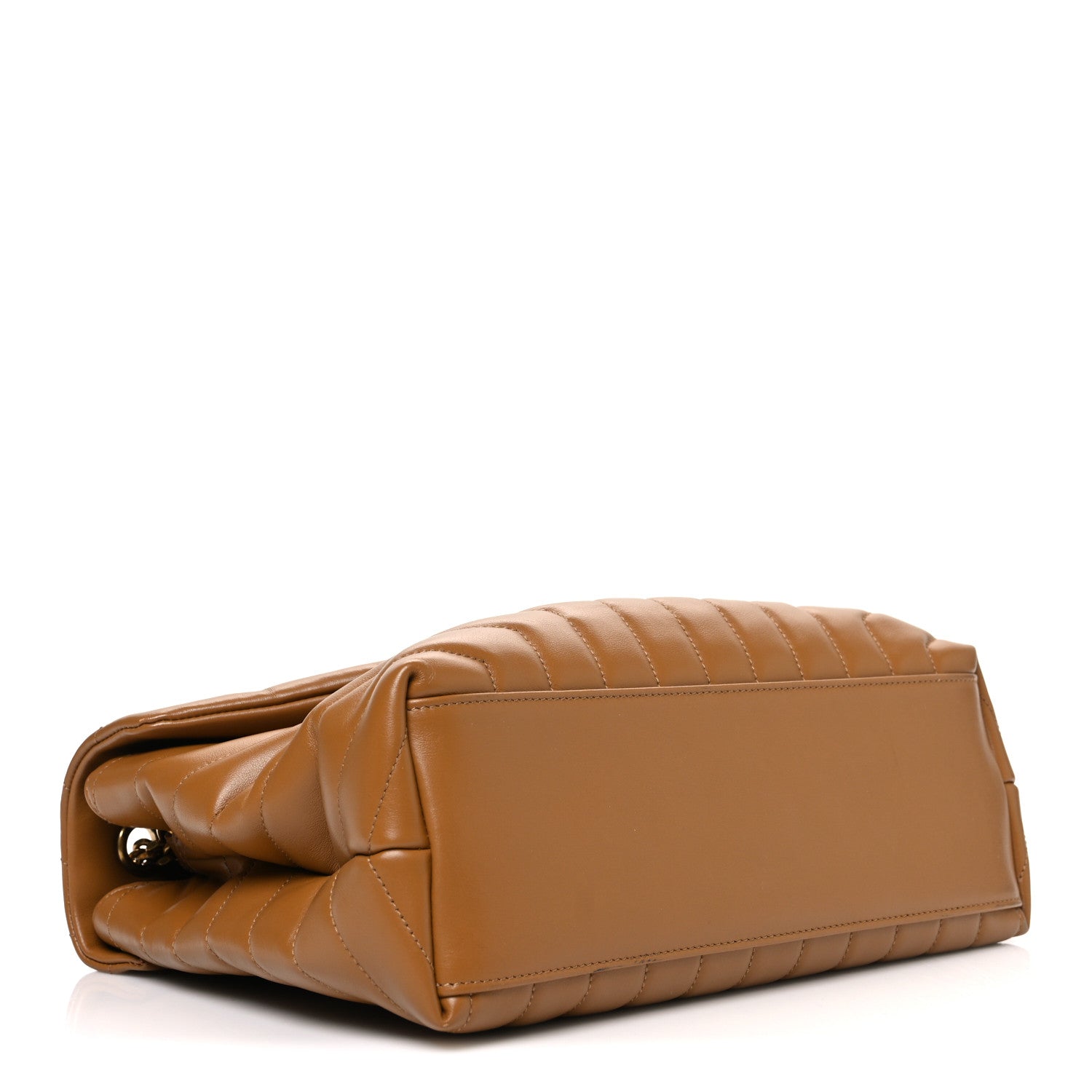 Tan quilted leather satchel, side profile with flap and short handle