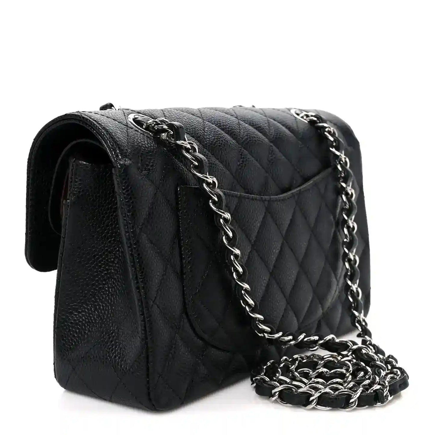 Black quilted leather flap bag with chain strap and structured side silhouette