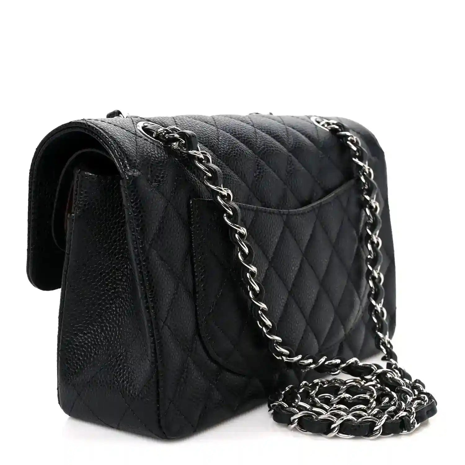 Black quilted leather flap bag with chain strap and structured side silhouette