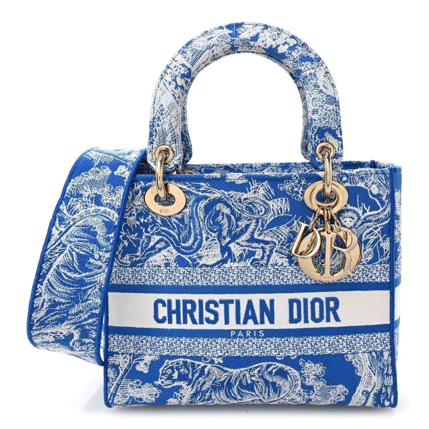 Christian Dior medium tote bag in blue and white toile print with top handles and gold hardware