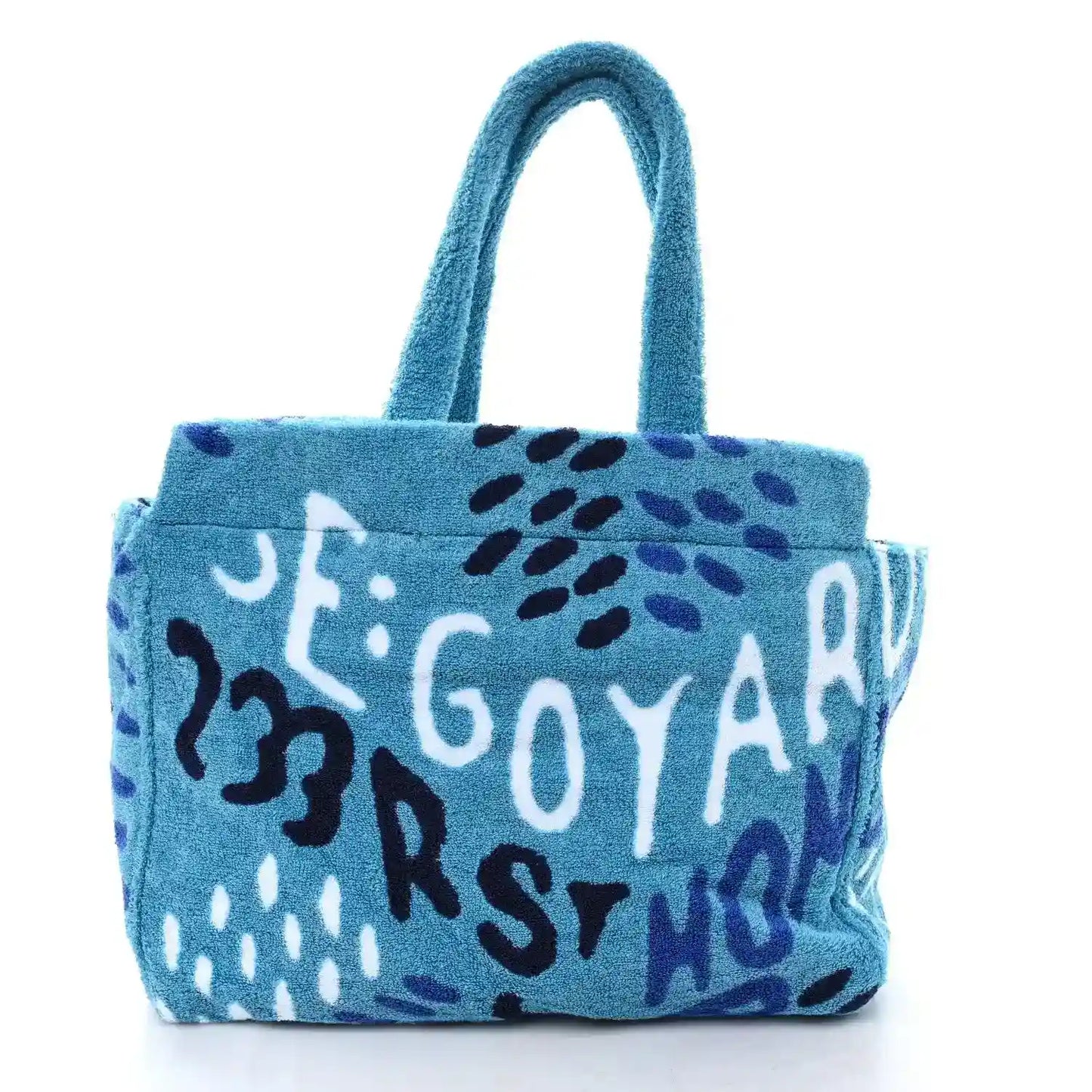 Turquoise cotton tote with black and white graphic lettering and leopard-style pattern.