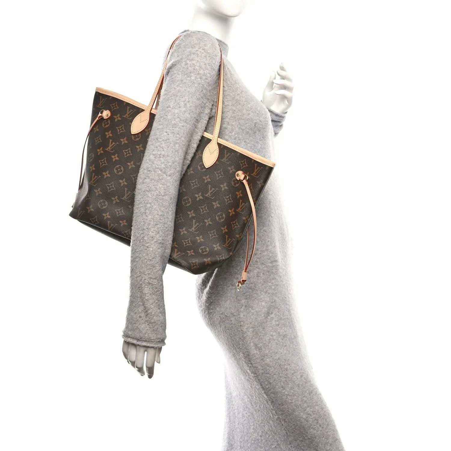 Louis Vuitton monogram tote bag, dark brown canvas with tan shoulder straps and pouch