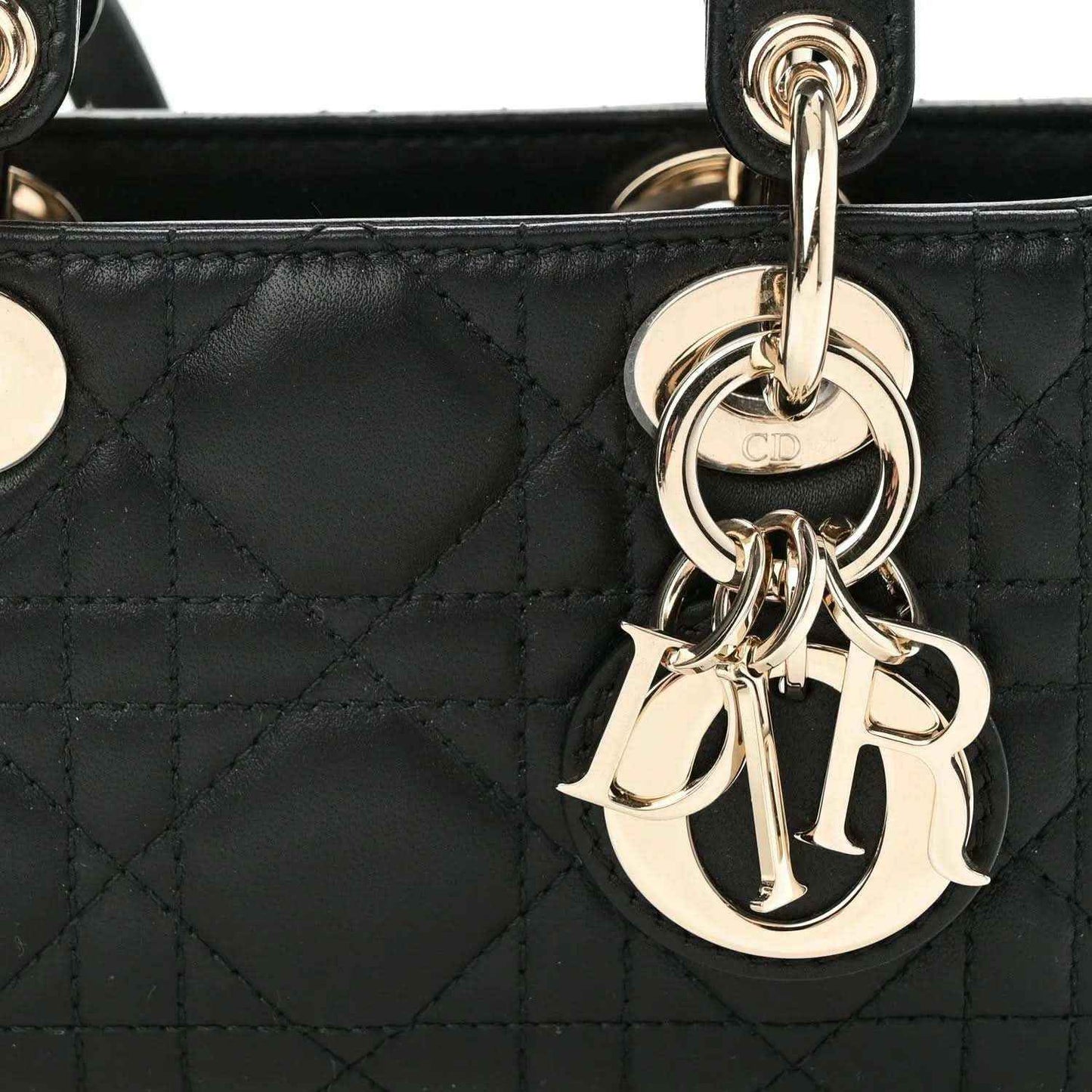 Black cannage quilted lambskin handbag with gold Lady D-Joy logo charm and rings