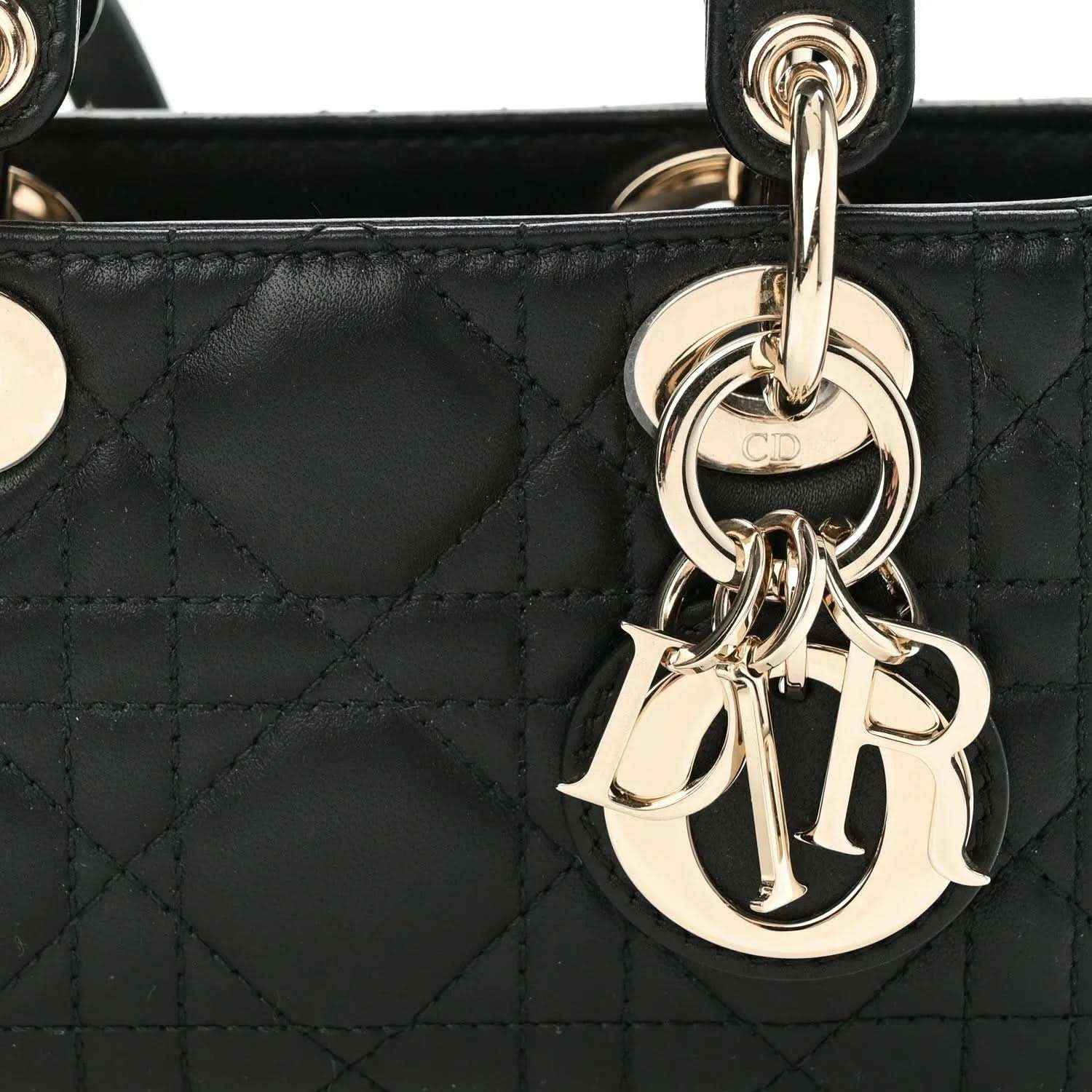 Black cannage quilted lambskin handbag with gold Lady D-Joy logo charm and rings