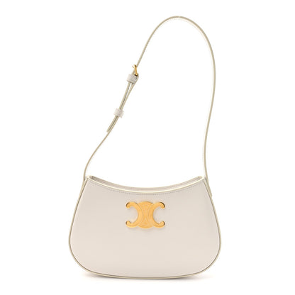 Shiny calfskin medium shoulder bag with gold-tone logo plaque, rice cream color