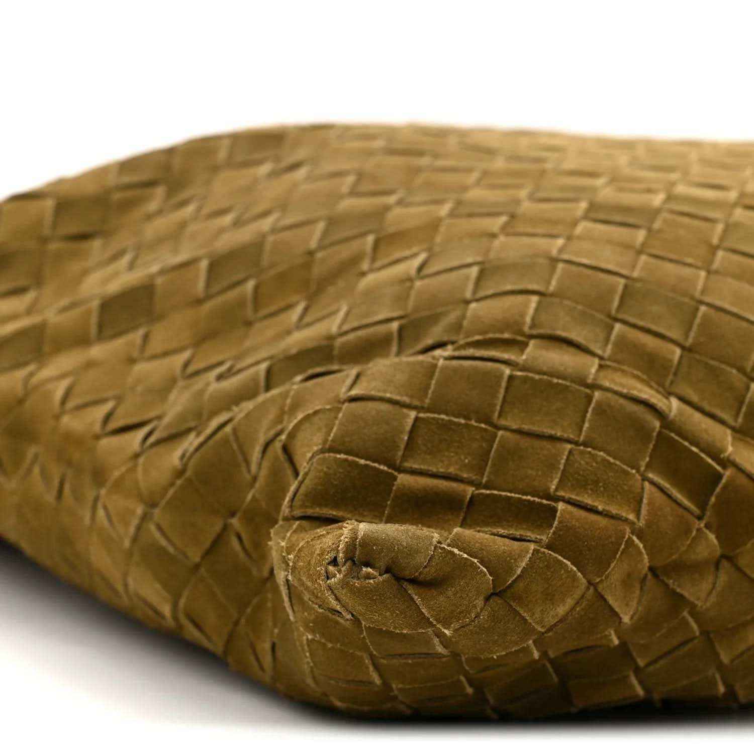 Olive suede hobo bag, Intrecciato weave side detail with subtle creasing