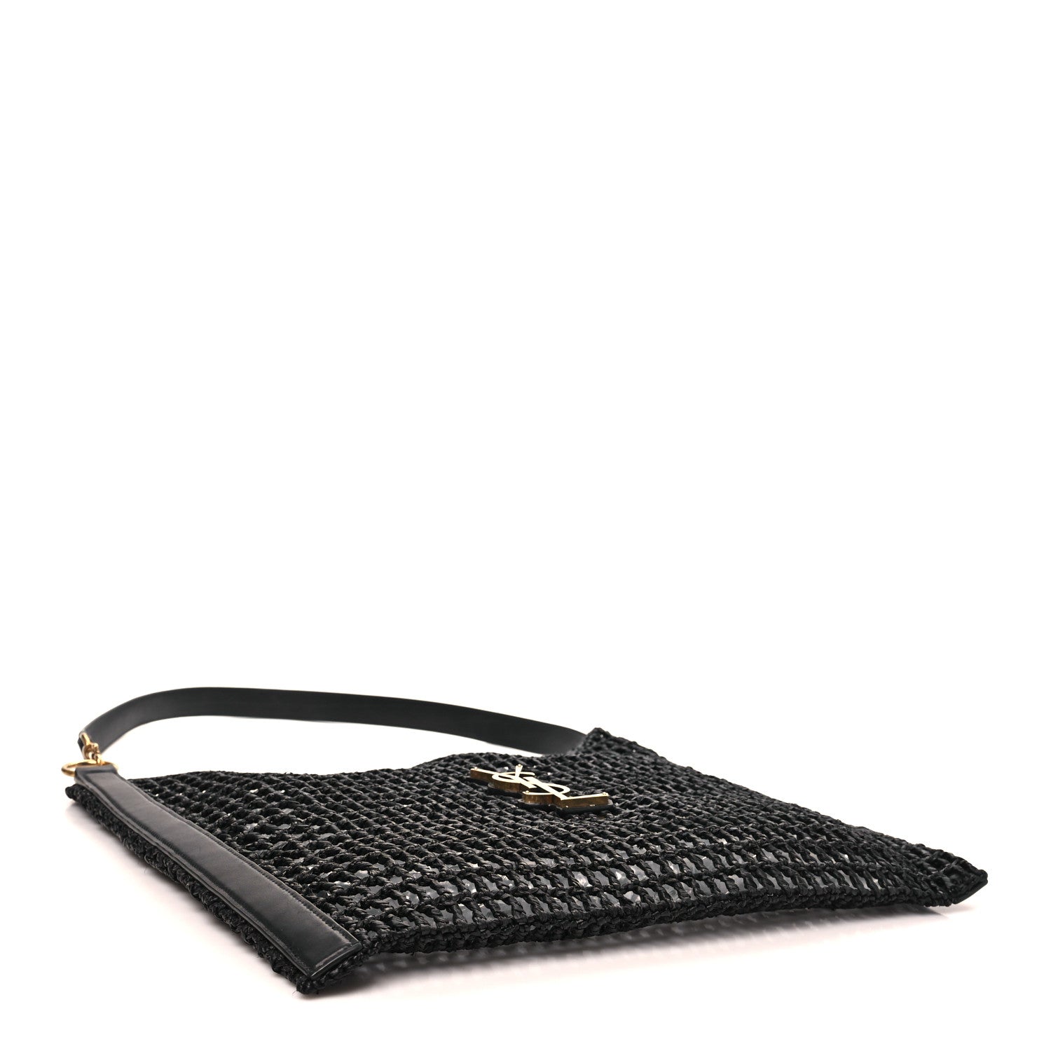 Black netted raffia shoulder bag with gold YSL hardware and leather trim