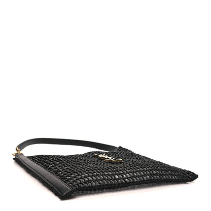 Black netted raffia shoulder bag with gold YSL hardware and leather trim