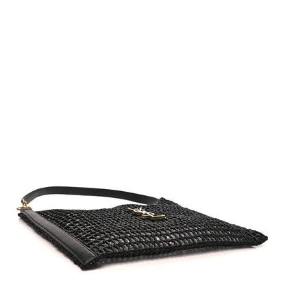 Black netted raffia shoulder bag with gold YSL hardware and leather trim